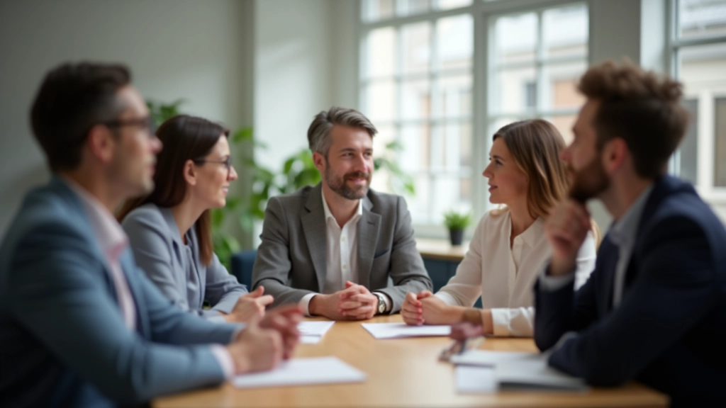 Gruppe mennesker i samtale omkring bord
