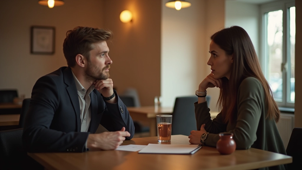 To personer i samtale ved et bord, en nicoder og giver feedback, varm atmosfære