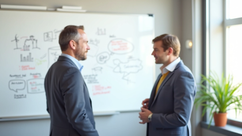 Whiteboard med skitser og noter, to mennesker står foran det og peger på forskellige idéer